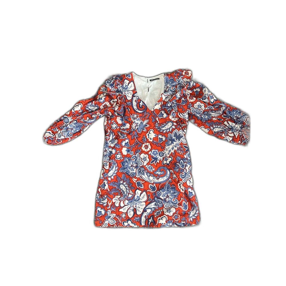 Zara Ruffled red blue white bohemian Paisley Print long sleeve Mini Dress M